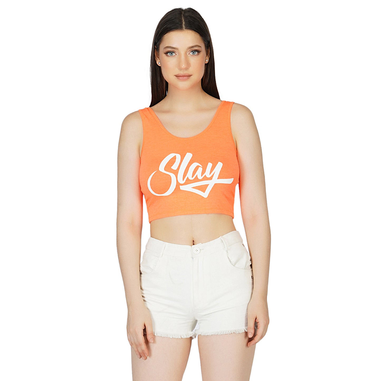 SLAY. Women's Neon Orange Printed Crop Top