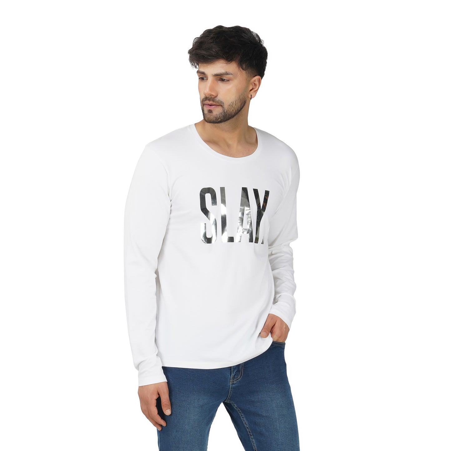 SLAY. Men's Silver Edition Reflective Foil Print Full Sleeves T-shirt