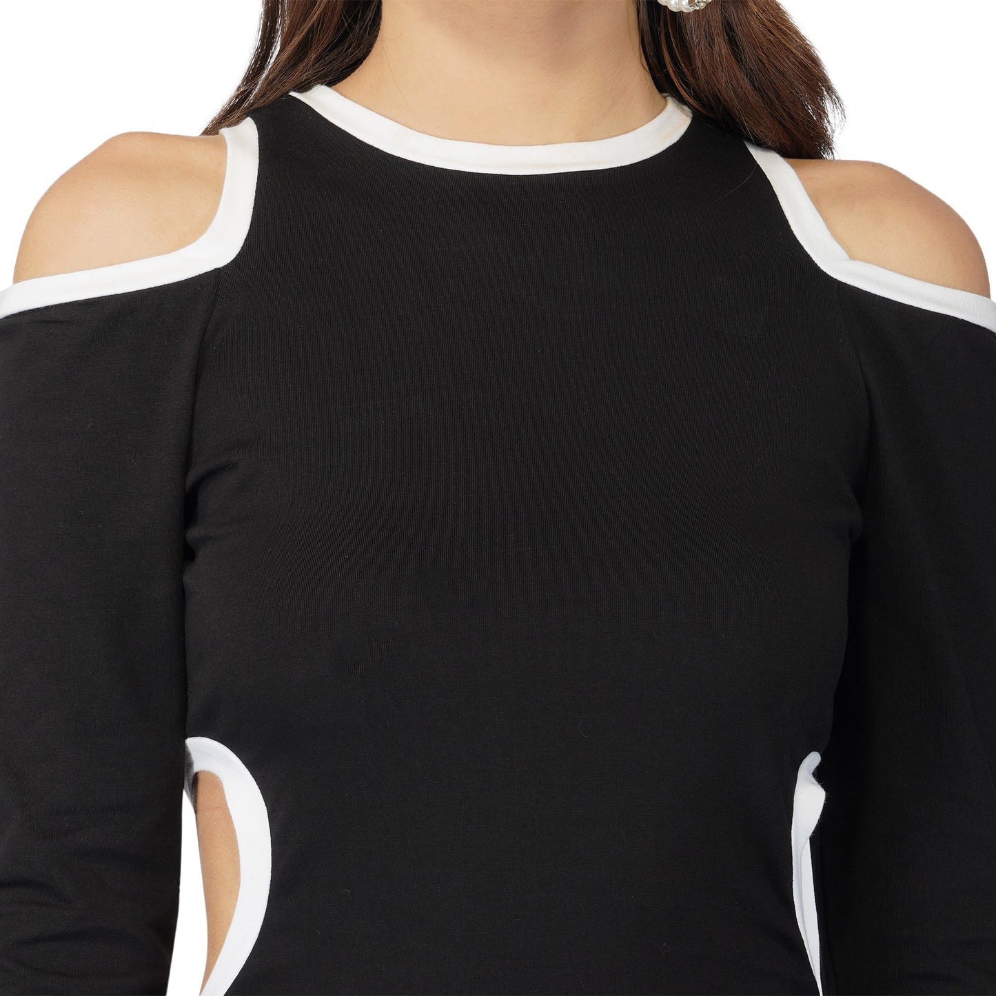 SLAY. Women's Cold Shoulder Side Cutout Black Asymmetric Dress