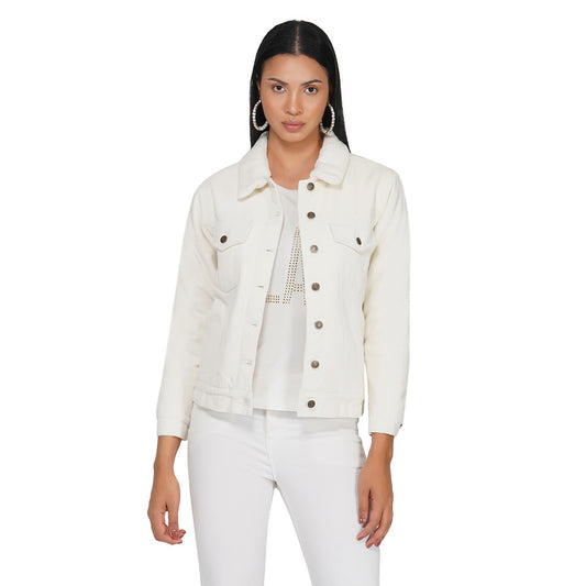SLAY. Women's Off-white Denim Jacket with Faux-fur Lining-clothing-to-slay.myshopify.com-Denim Jacket