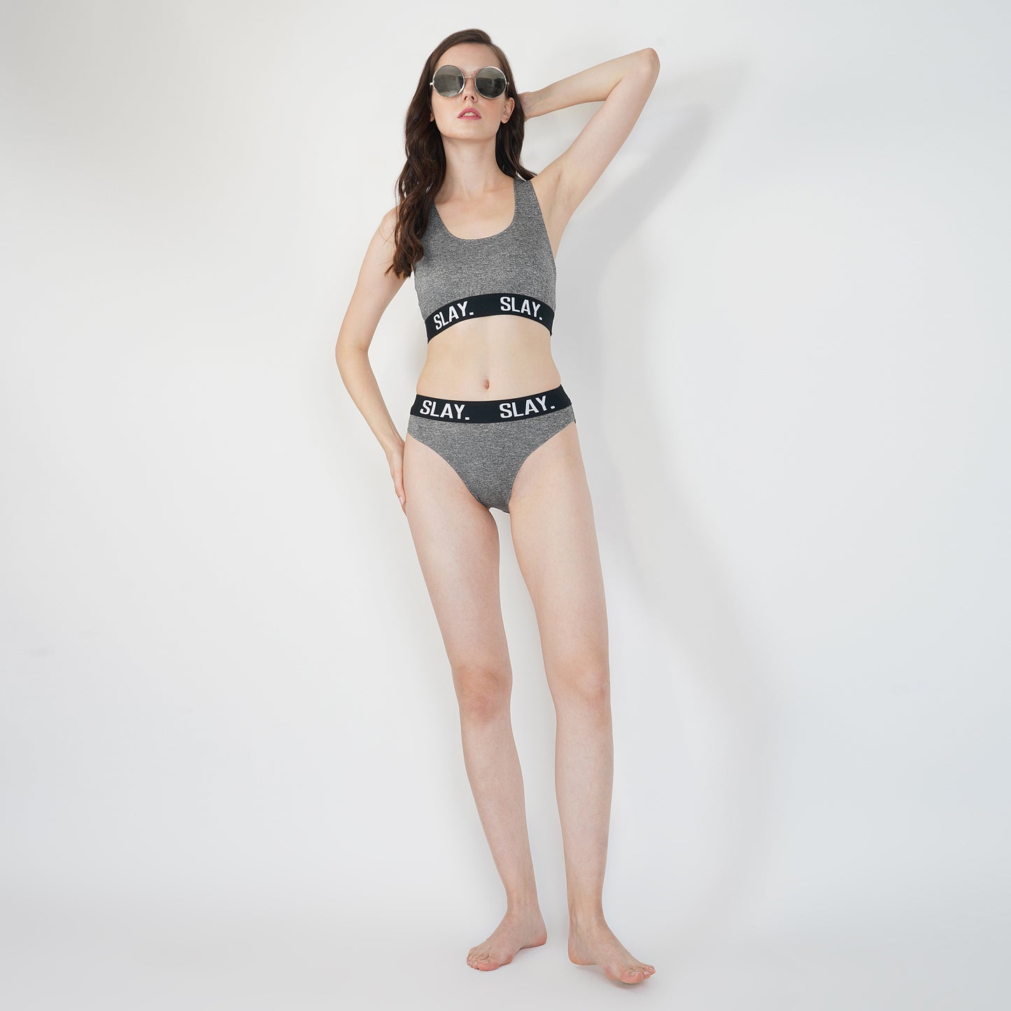 SLAY. Women's Grey Underwear Lingerie Modern Sports Bra and Panty Co-ord Set