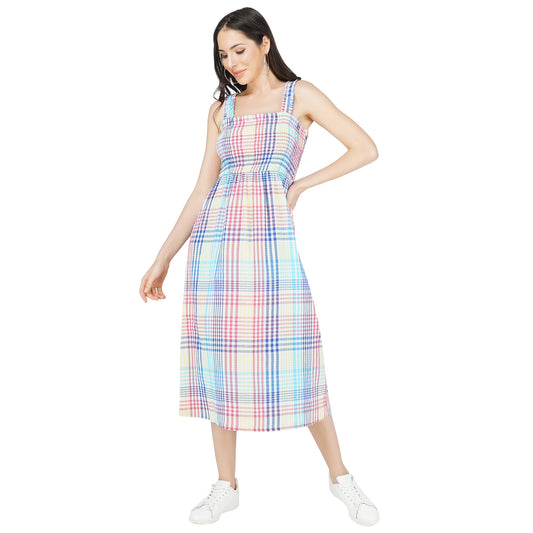 SLAY. Women's Yarn Dye Check Stripes A-Line Smocking Long Dress-clothing-to-slay.myshopify.com-Dress