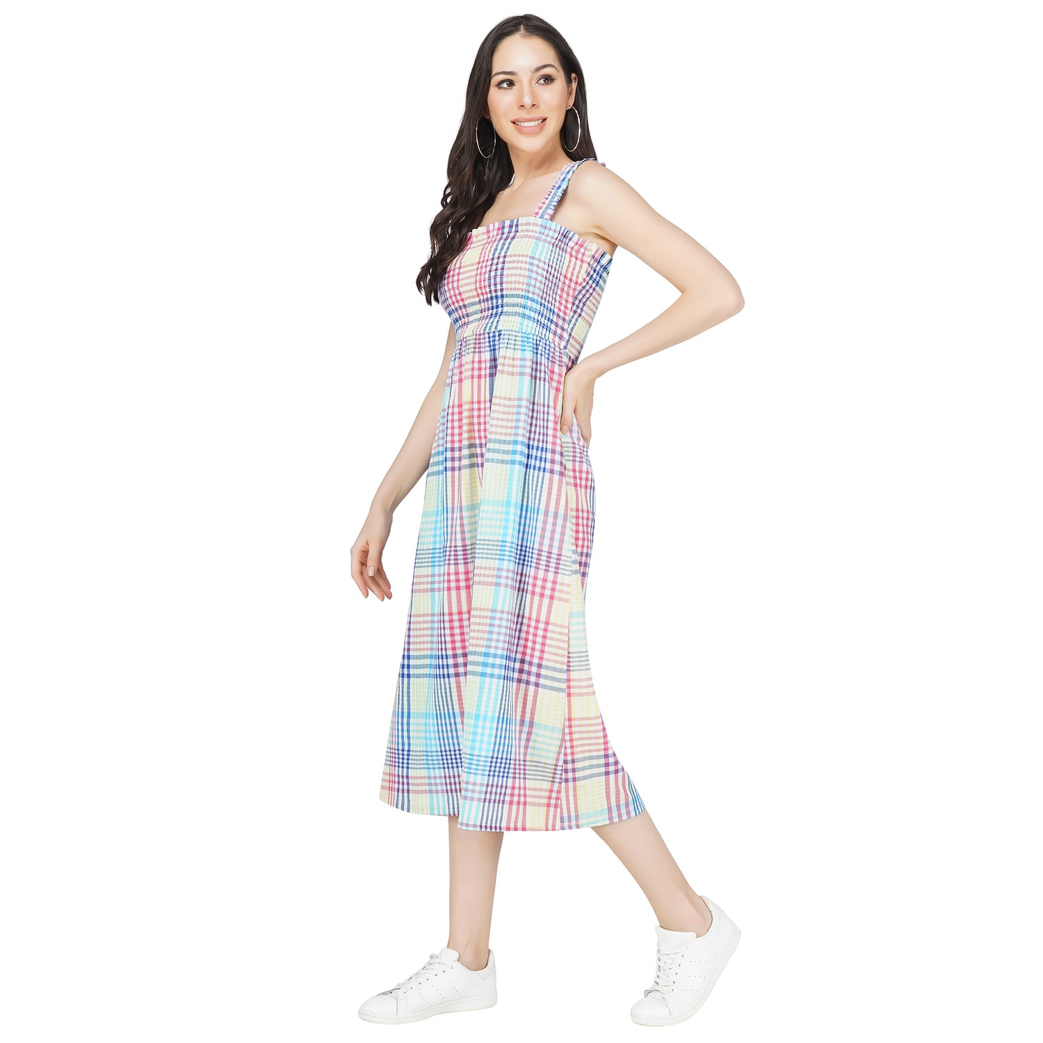 SLAY. Women's Yarn Dye Check Stripes A-Line Smocking Long Dress-clothing-to-slay.myshopify.com-Dress