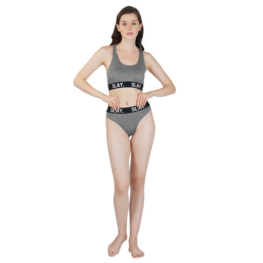 SLAY. Women's Grey Underwear Lingerie Modern Sports Bra and Panty Co-ord Set