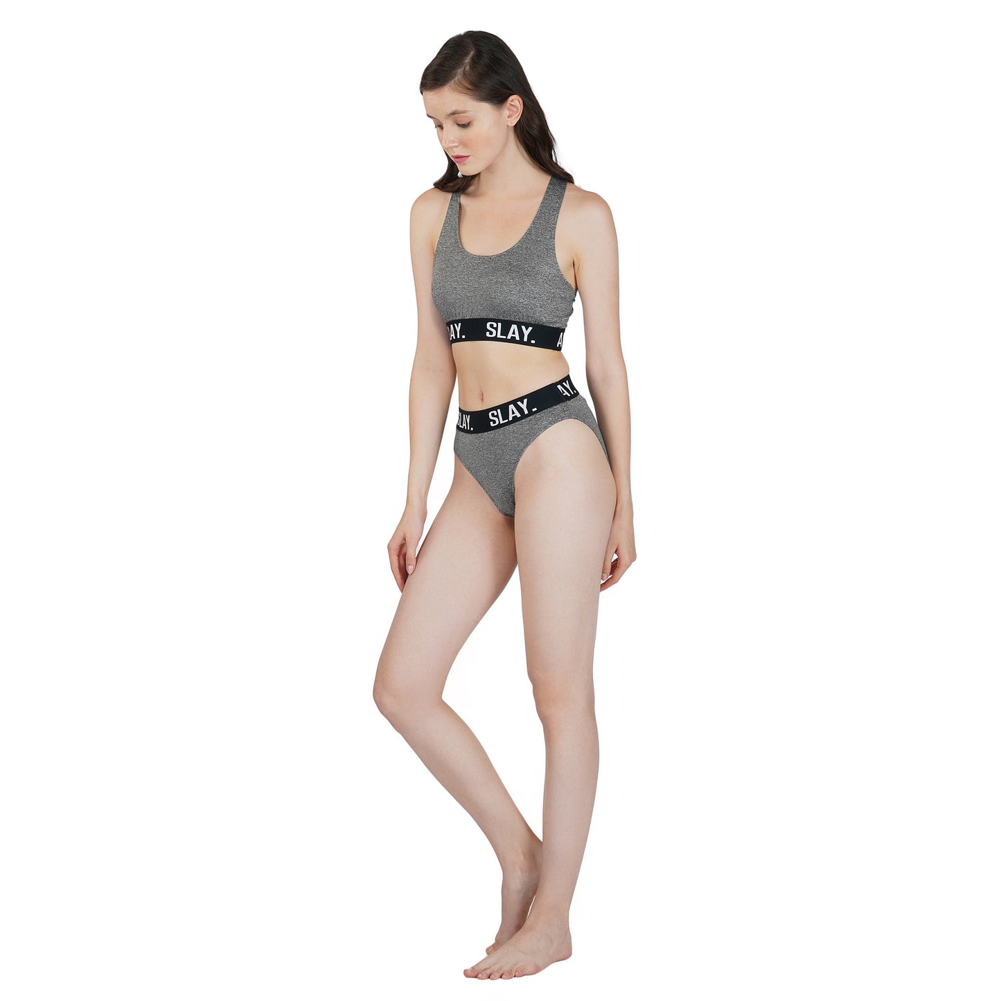 SLAY. Women's Grey Underwear Lingerie Modern Sports Bra and Panty Co-ord Set