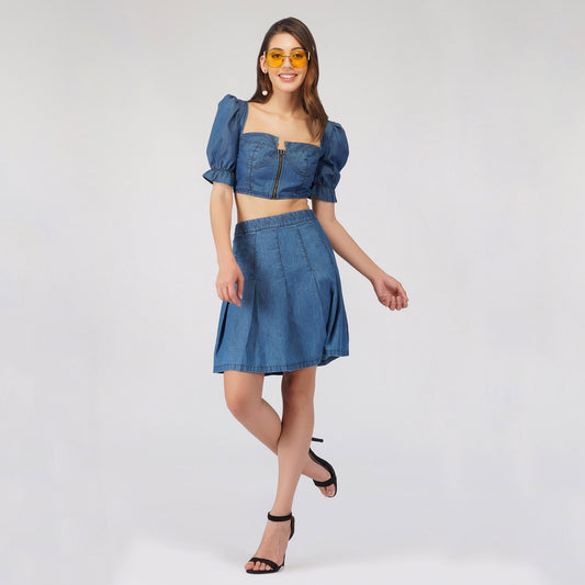 SLAY. Women's Denim Corset Top & Skirt Co-ord Set