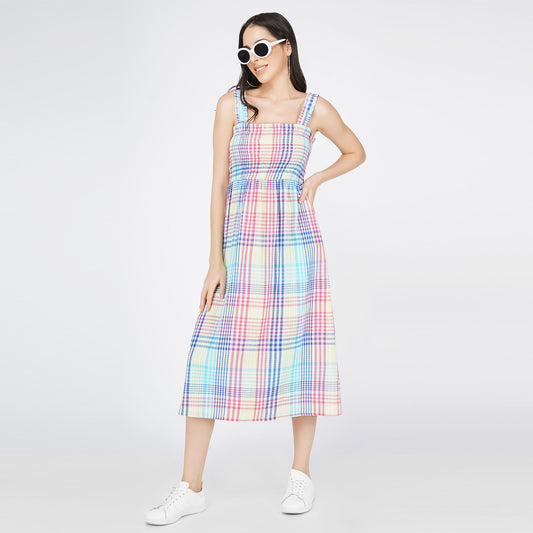 SLAY. Women's Yarn Dye Check Stripes A-Line Smocking Long Dress-clothing-to-slay.myshopify.com-Dress