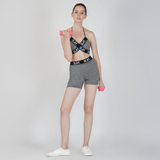 SLAY. Women's Activewear Backless Sports Bra And High waist Shorts Co-ord Set Grey