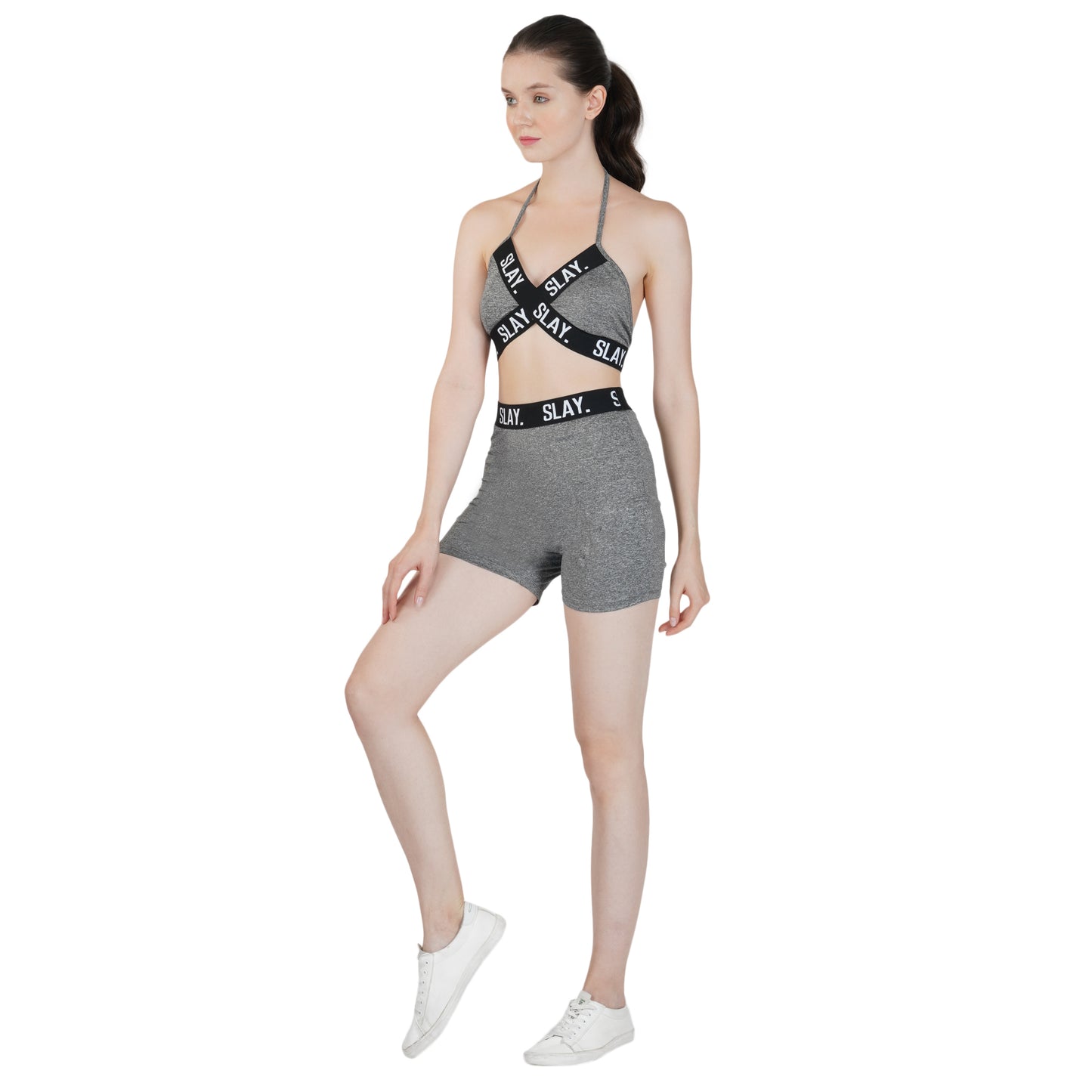 SLAY. Women's Activewear Backless Sports Bra And High waist Shorts Co-ord Set Grey