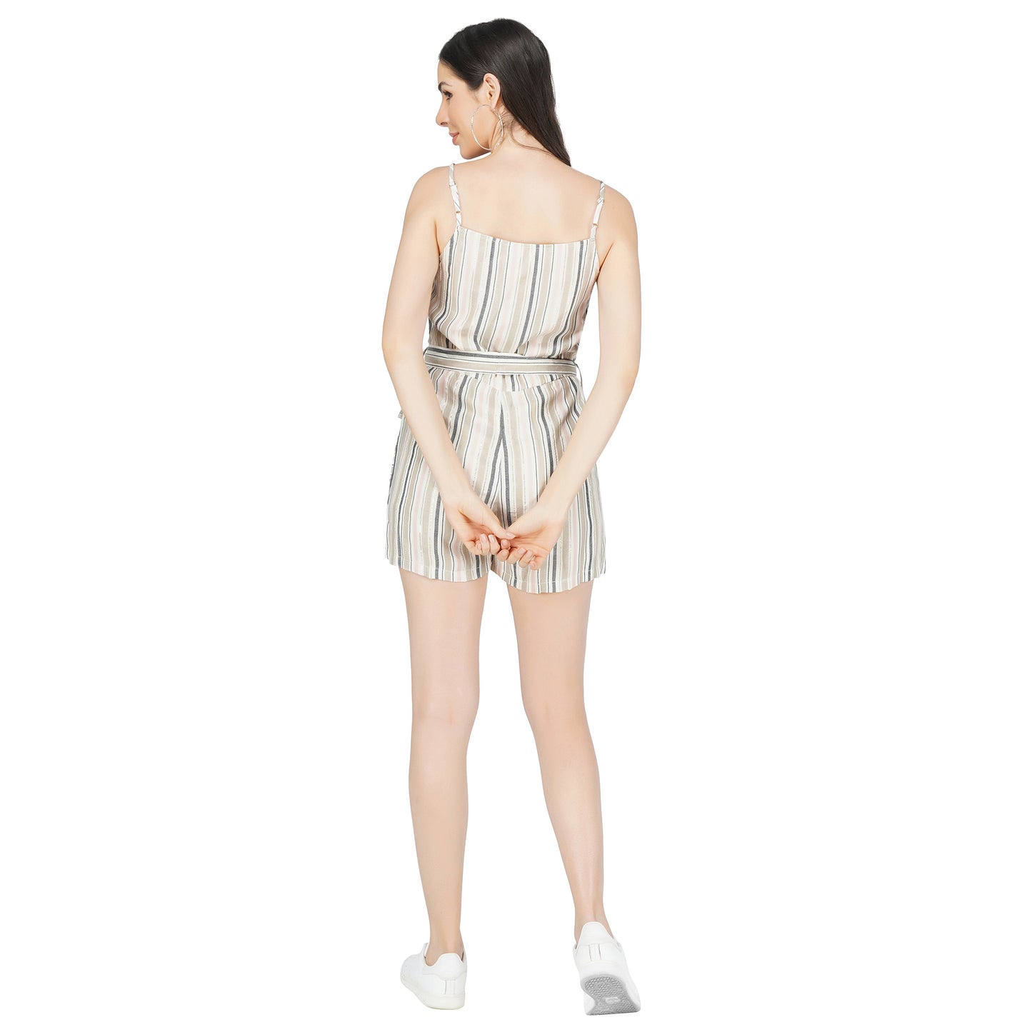SLAY. Women's Off White Striped Lurex Short Romper with waist belt-clothing-to-slay.myshopify.com-Romper