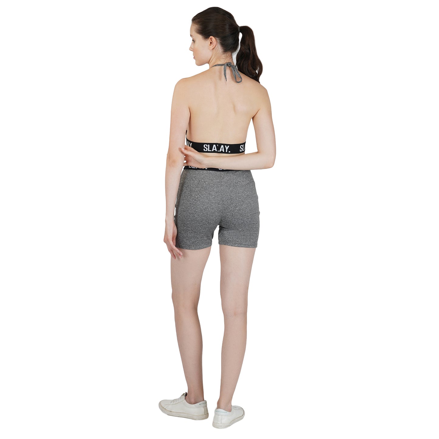 SLAY. Women's Activewear Backless Sports Bra And High waist Shorts Co-ord Set Grey