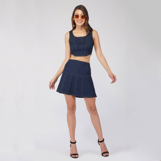 SLAY. Women's Navy Blue Denim Corset Top & Skirt Co-ord Set
