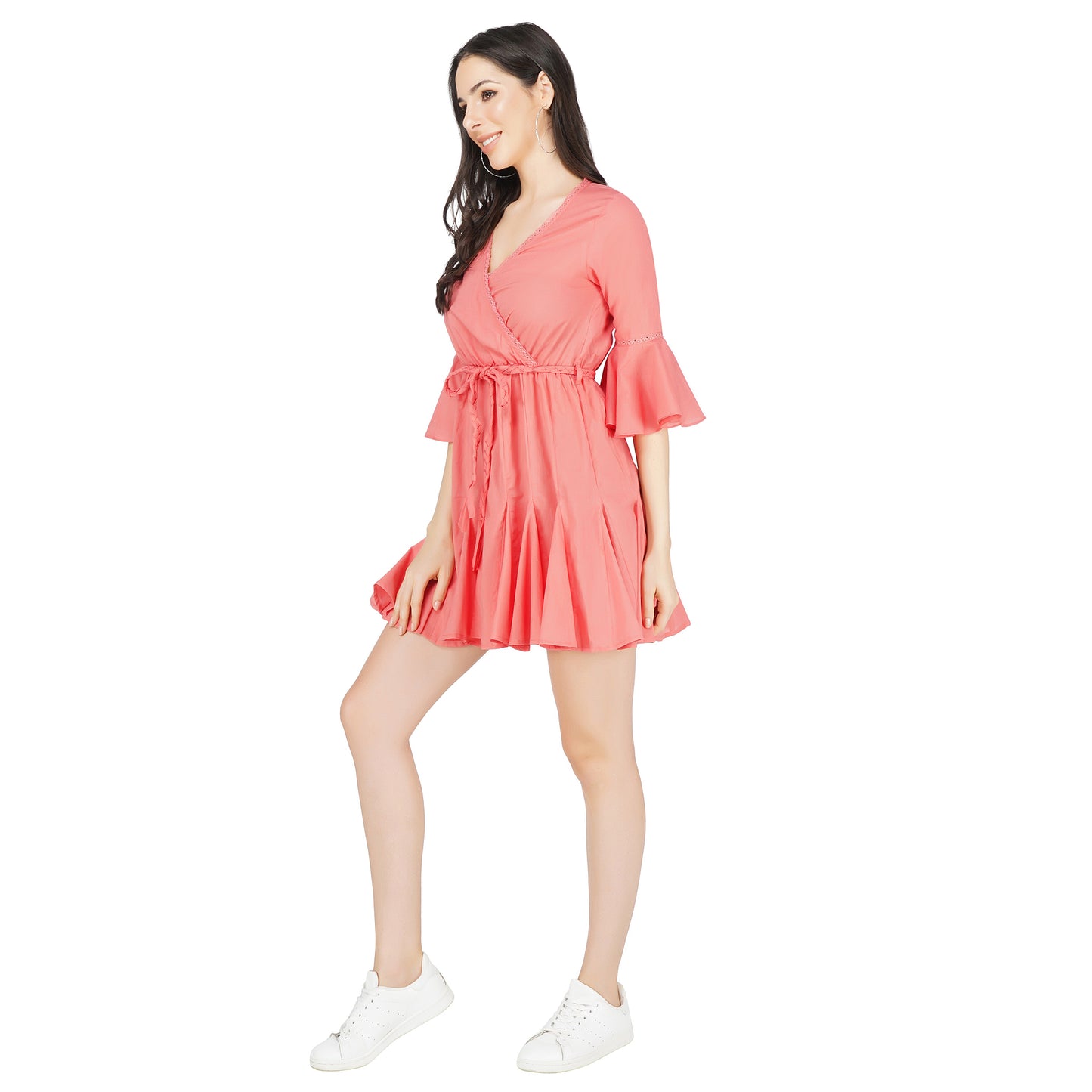 SLAY. Women's Coral V Neck Bell Sleeve Mini Dress with Waist Belt-clothing-to-slay.myshopify.com-Dress