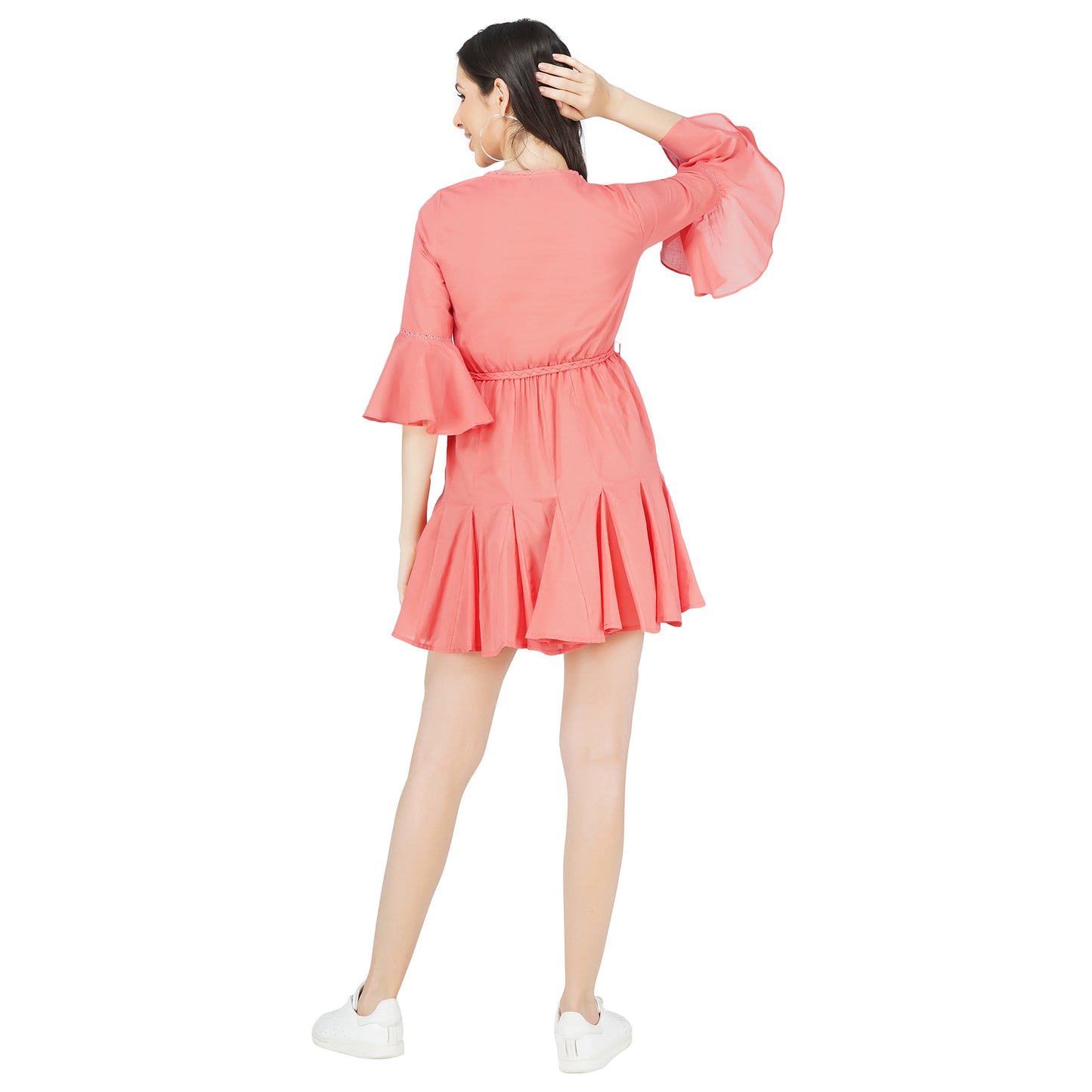 SLAY. Women's Coral V Neck Bell Sleeve Mini Dress with Waist Belt-clothing-to-slay.myshopify.com-Dress