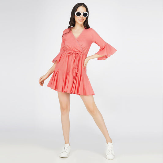 SLAY. Women's Coral V Neck Bell Sleeve Mini Dress with Waist Belt-clothing-to-slay.myshopify.com-Dress