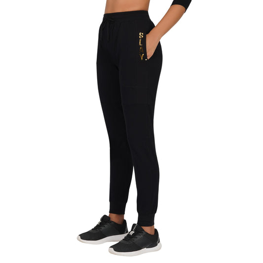 SLAY. Classic Women's Limited Edition Gold Mirror Foil Print Black Joggers-clothing-to-slay.myshopify.com-Tracksuit