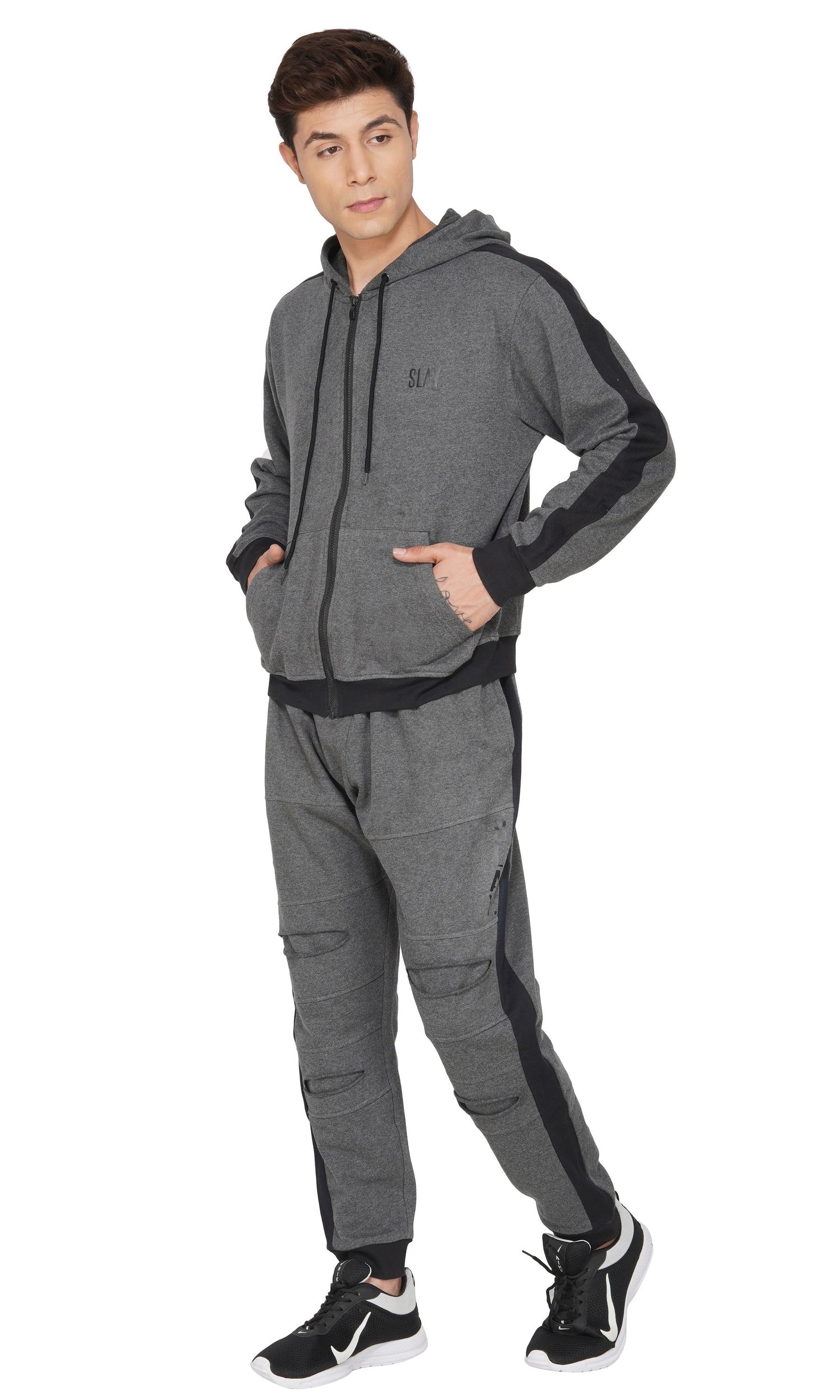 Cotton Terry Lycra Men's Dark Grey Sports Printed Tracksuit For Workout and Casual Wear
