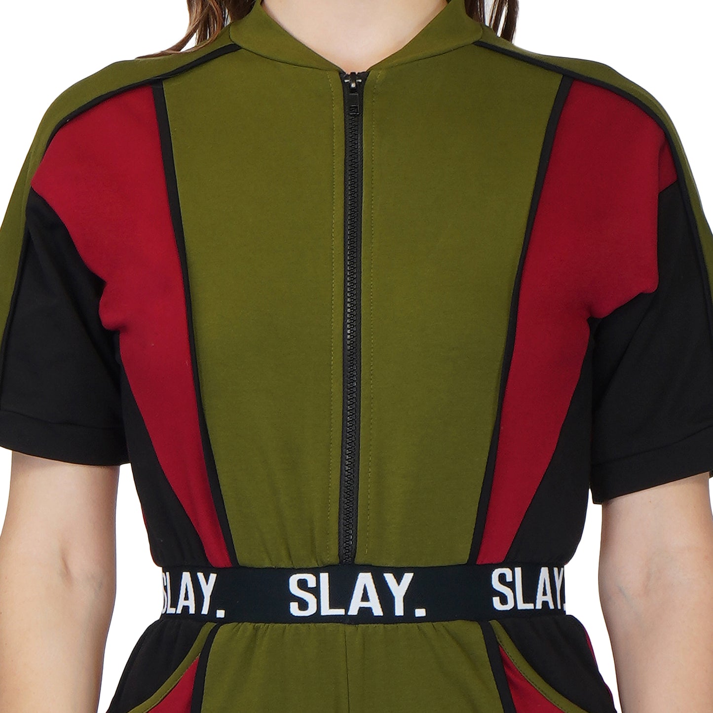 SLAY. Women's Colorblock Romper Olive Green Red Black