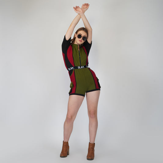 SLAY. Women's Colorblock Romper Olive Green Red Black