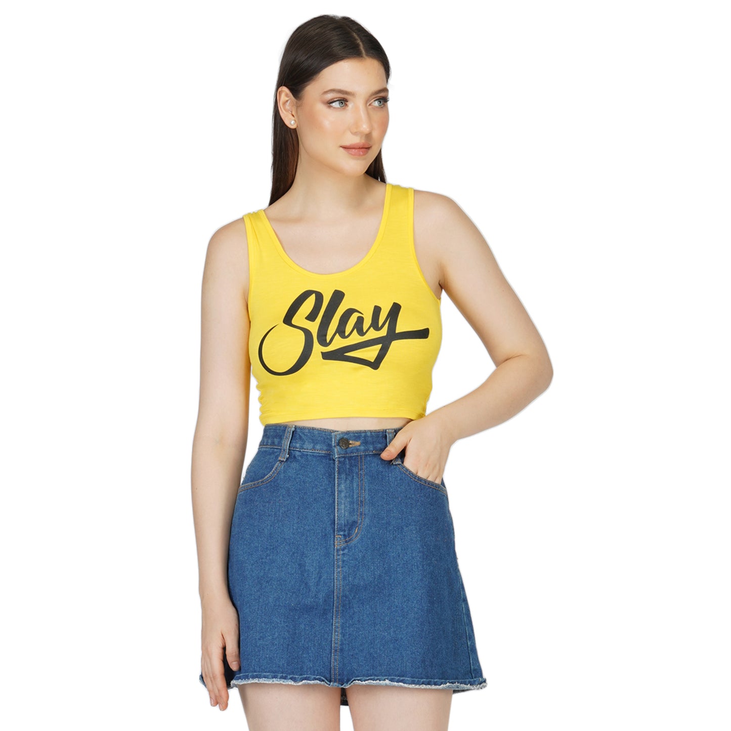 SLAY. Women's Neon Yellow Printed Crop Top
