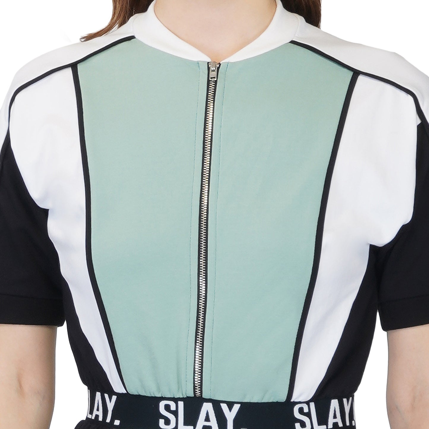 SLAY. Women's Colorblock Romper Turquoise White Black