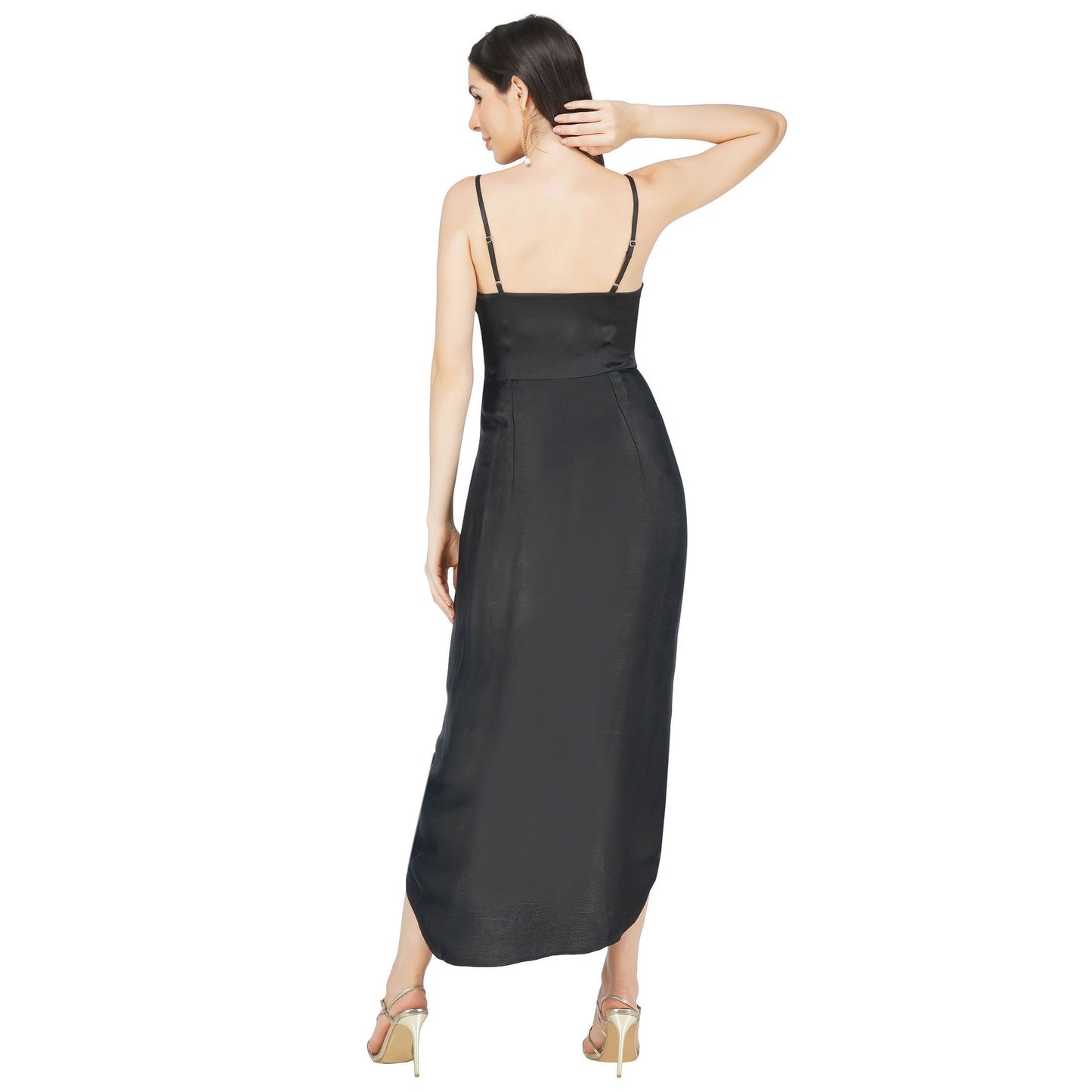 SLAY. Women's Black Shimmer Fabric Ruched Satin Maxi Dress with front slit-clothing-to-slay.myshopify.com-