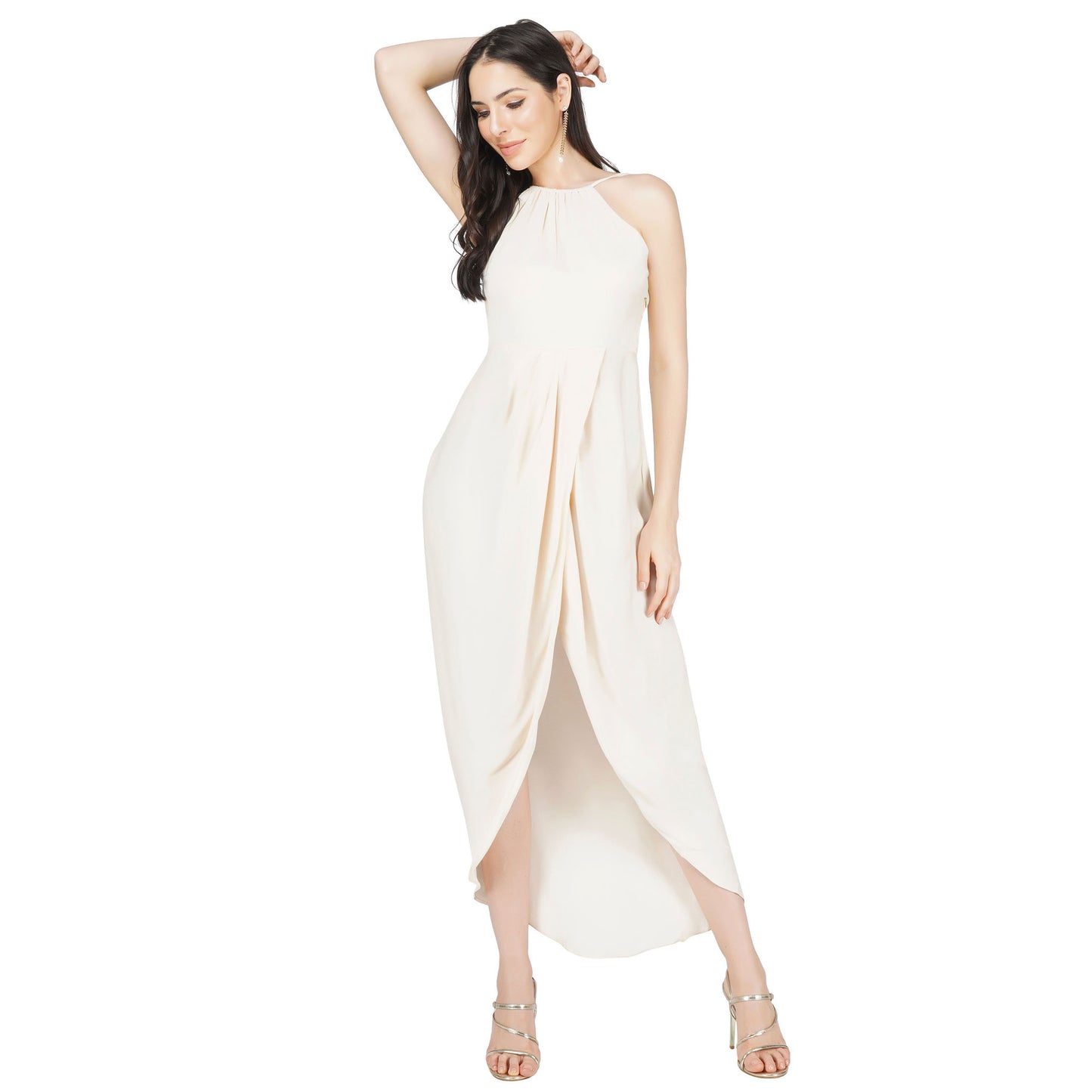 SLAY. Women's Off white Shimmer Fabric Ruched Maxi Dress with Front Slit-clothing-to-slay.myshopify.com-