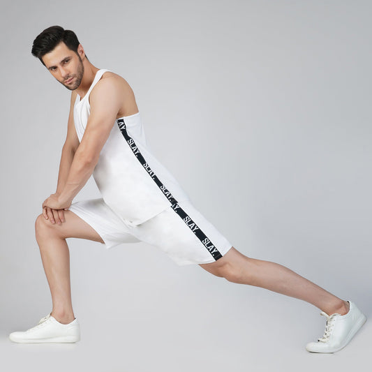 SLAY. Men's White Gym Vest(4 Way Stretch Fabric)