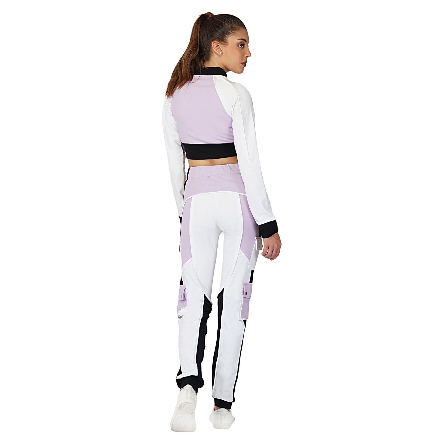 SLAY. Women's Lavender  Lilac White Black Co ord Set - Colorblock Crop Jacket & Cargo Pants