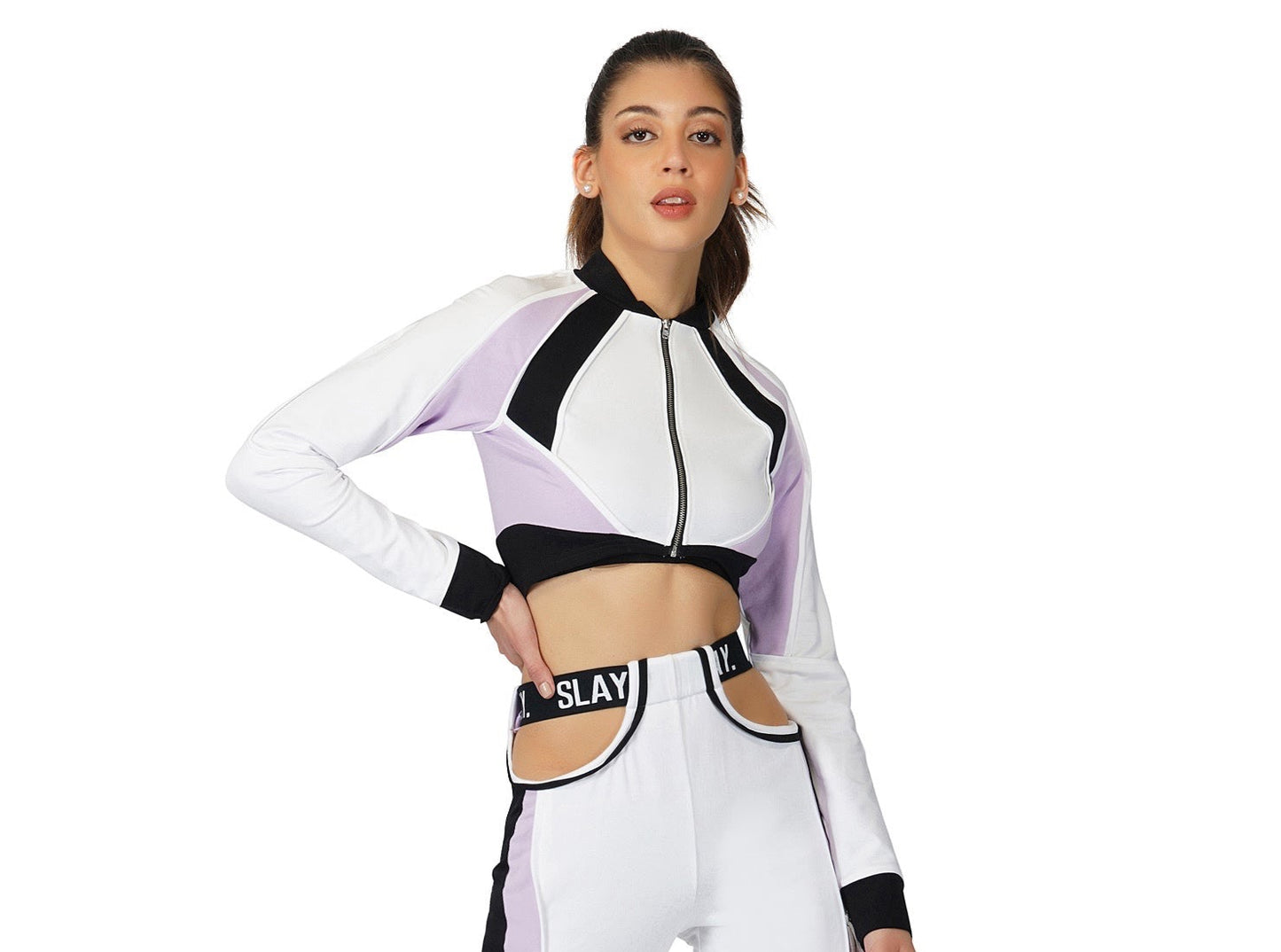 SLAY. Women's Activewear Crop Jacket Lavender Lilac Colorblock Streetwear