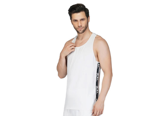 SLAY. Men's White Gym Vest(4 Way Stretch Fabric)
