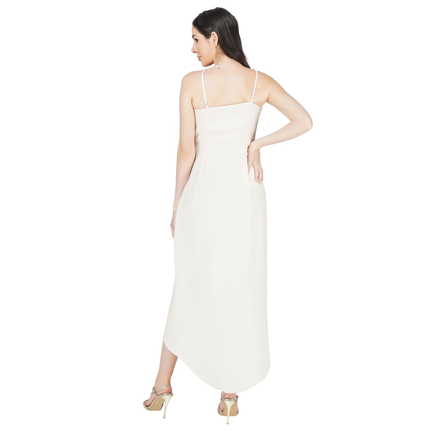 SLAY. Women's Off white Shimmer Fabric Ruched Maxi Dress with Front Slit-clothing-to-slay.myshopify.com-