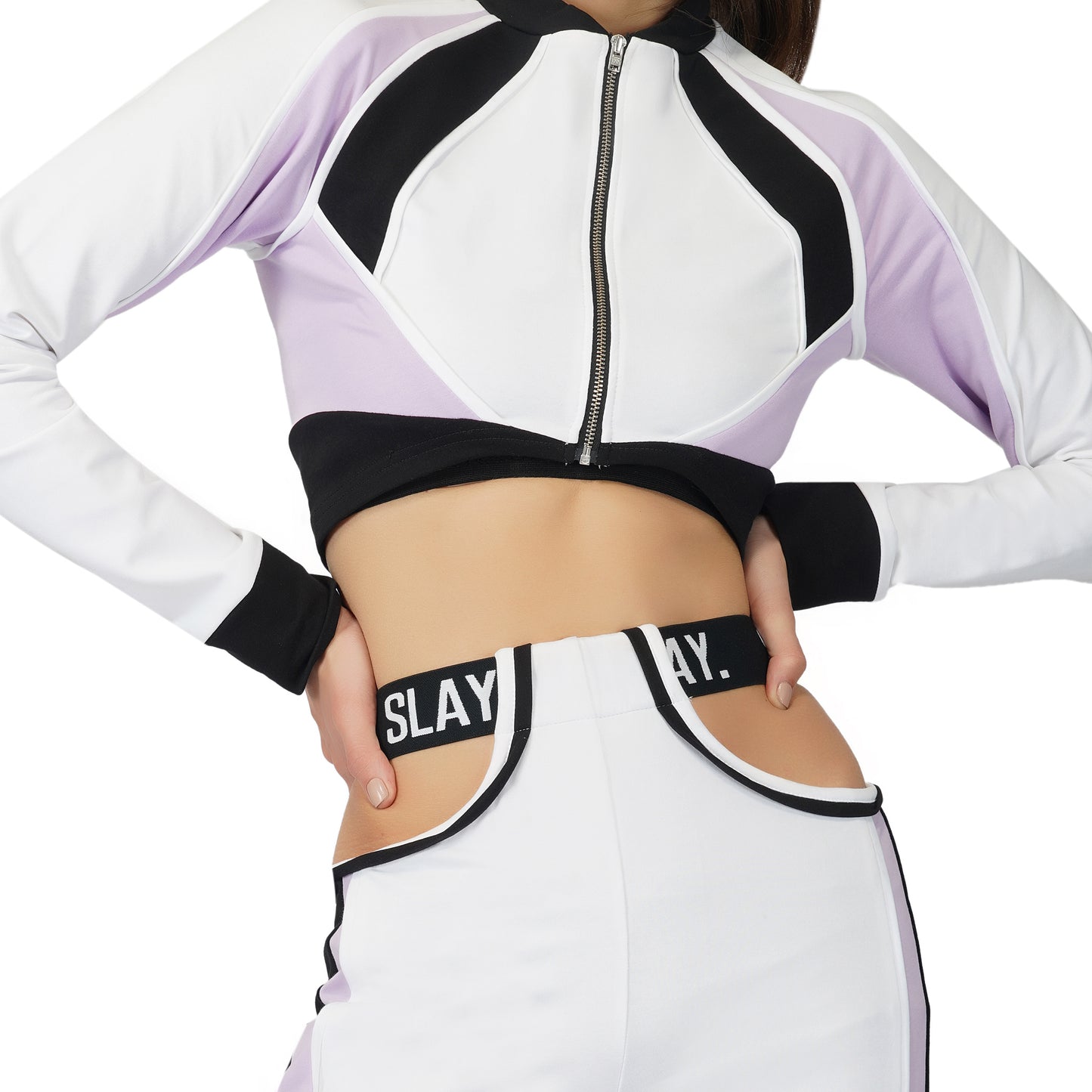 SLAY. Women's Lavender  Lilac White Black Co ord Set - Colorblock Crop Jacket & Cargo Pants