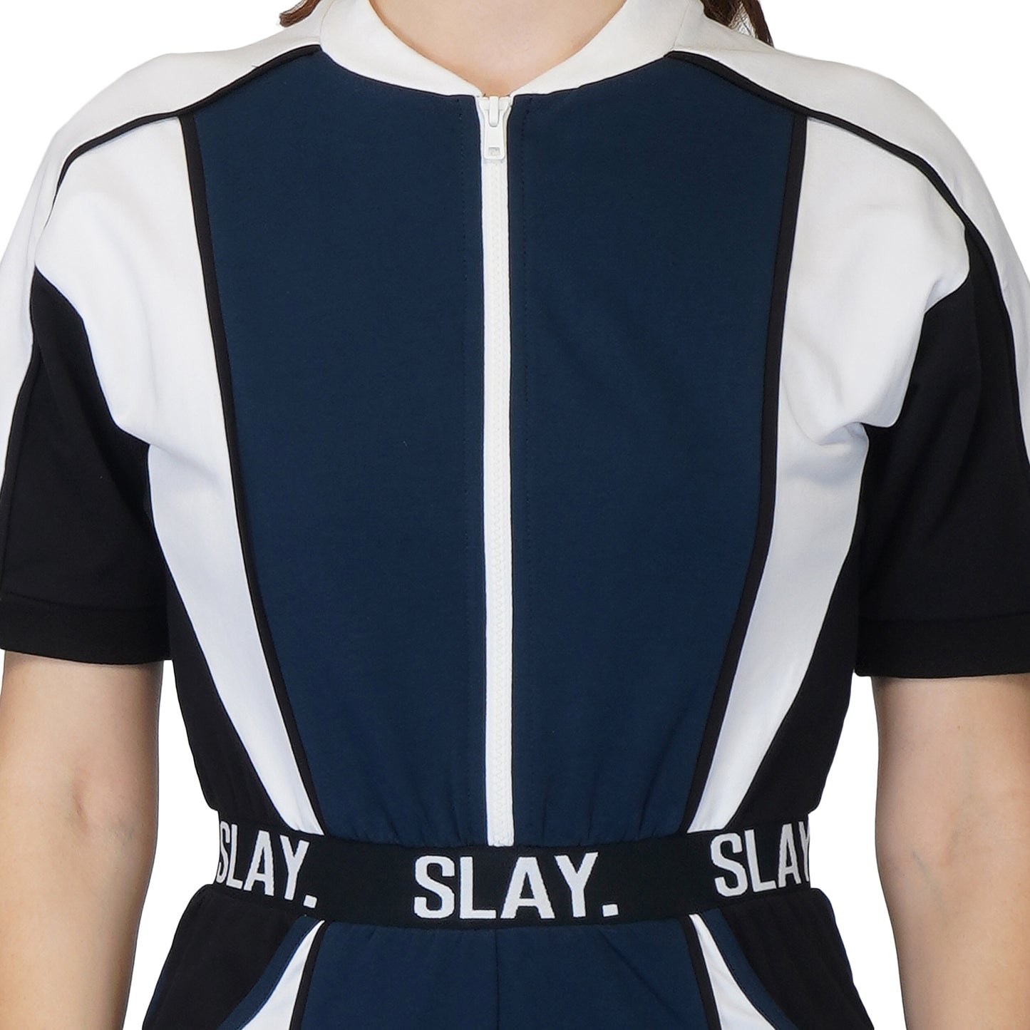 SLAY. Women's Colorblock Romper Blue Black White