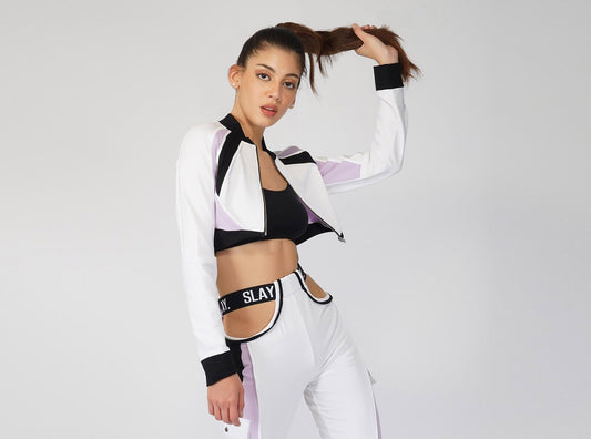SLAY. Women's Activewear Crop Jacket Lavender Lilac Colorblock