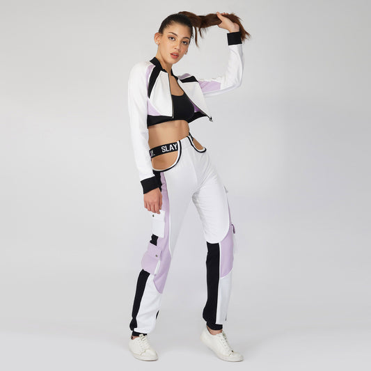 SLAY. Women's Lavender Lilac White Black Colorblock Crop Jacket & Cargo Pants Co ord Set(3 piece)