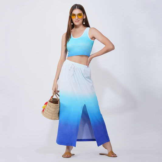 SLAY. Women's White to Blue Ombre Crop top & Skirt Co-ord Set