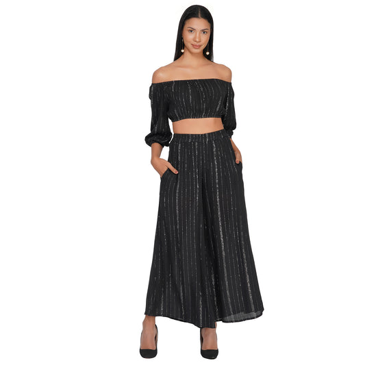 SLAY. Women's Black Lurex Off Shoulder Strapless Crop Top With Palazzo Co-ord Set-clothing-to-slay.myshopify.com-Off Shoulder Crop Top With Palazzo Set