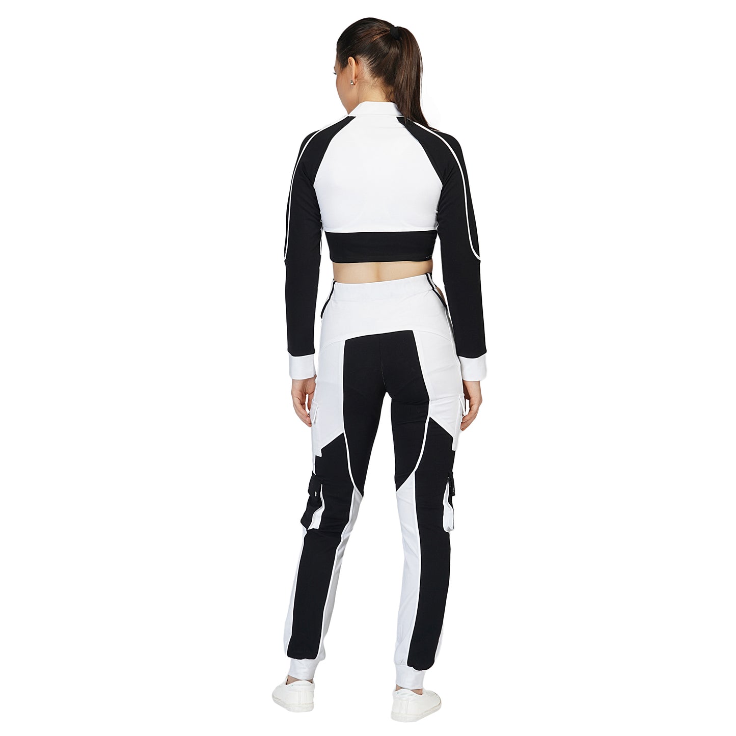 SLAY. Women's Tracksuit - Black & White Colorblock Crop Jacket & High Waist Cargo Pants Co-ord Set - Activewear Streetwear