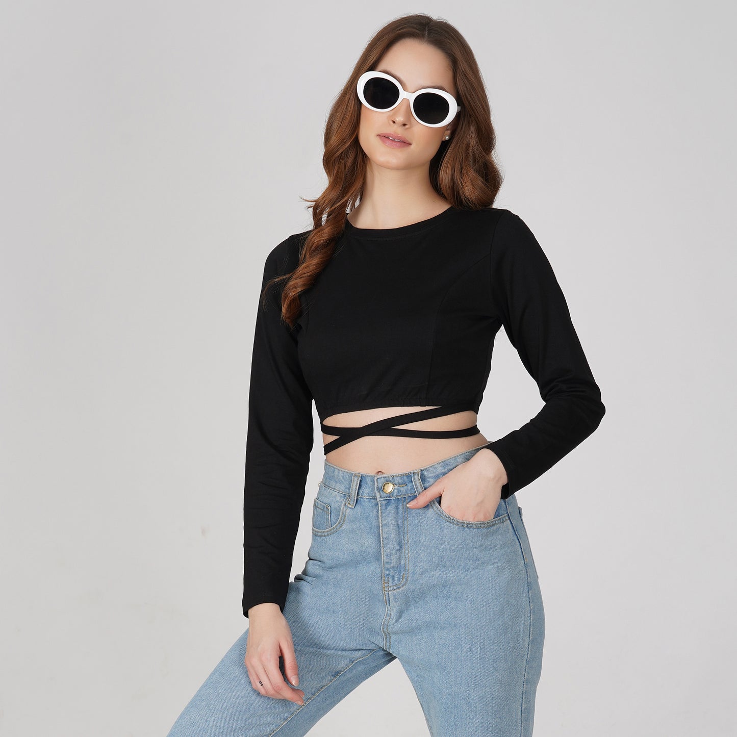 SLAY. Women's Black Full Sleeves Crop Top with Back Wrap