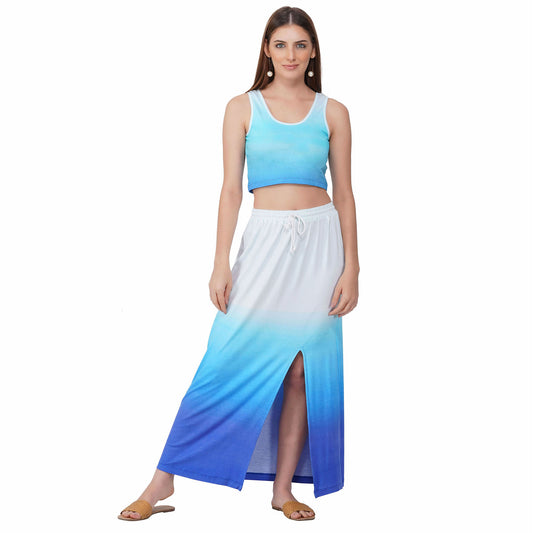 SLAY. Women's White to Blue Ombre Crop top & Skirt Co-ord Set