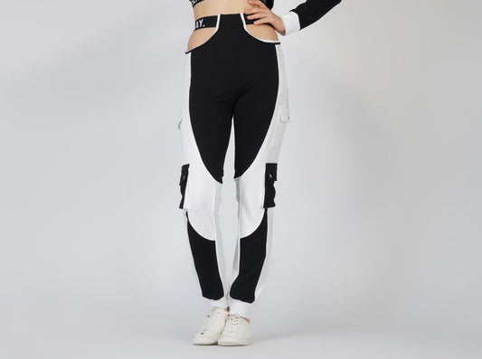 SLAY. Sport Women's Activewear Black & White Colorblock High Waist Cargo Pants