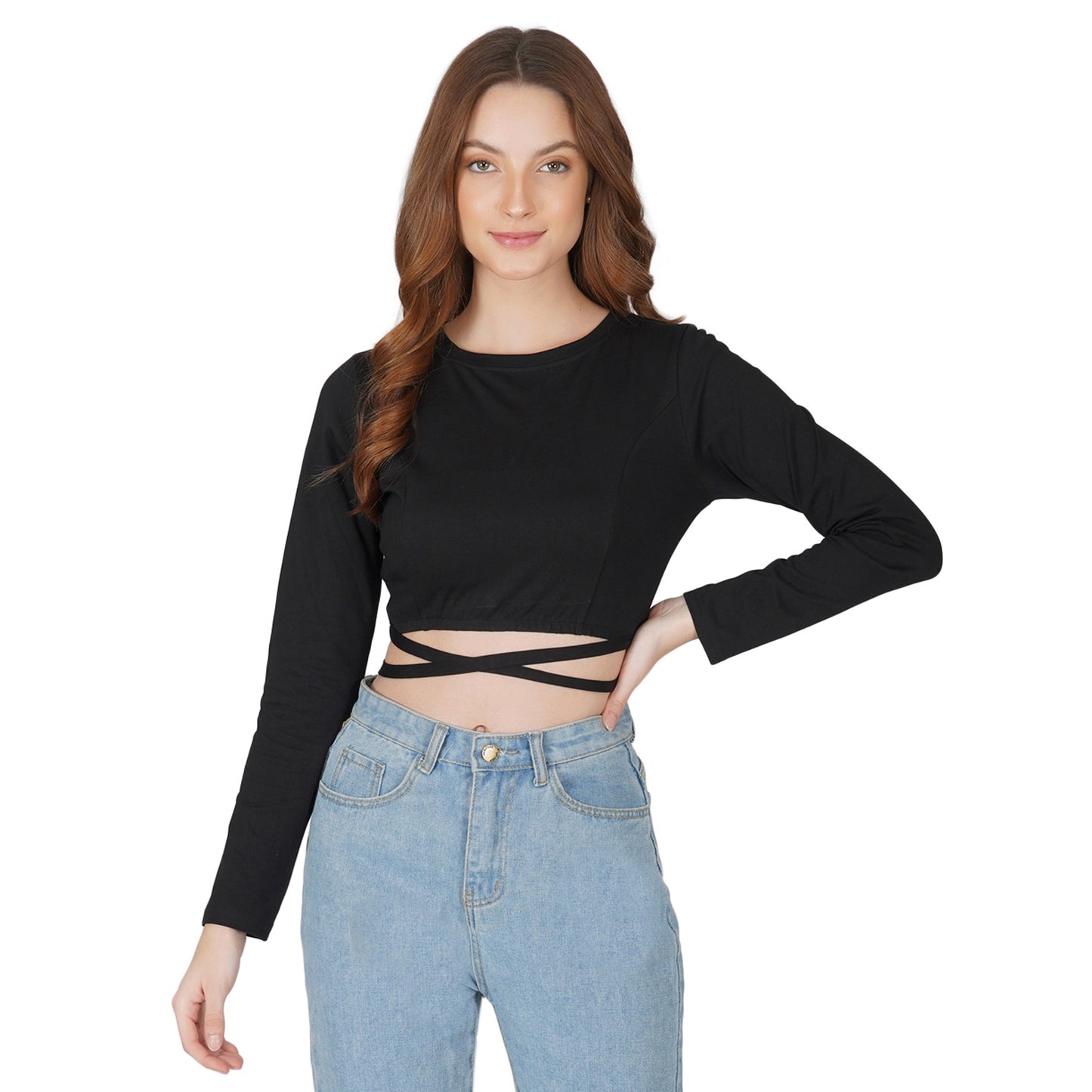 SLAY. Women's Black Full Sleeves Crop Top with Back Wrap around Strings-clothing-to-slay.myshopify.com-Crop Top