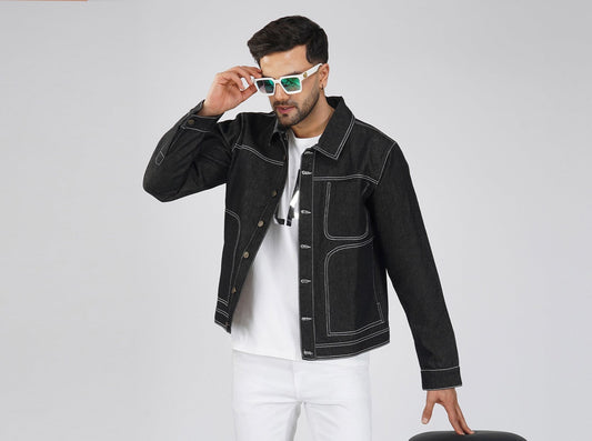 SLAY. Men's Black Contrast Stitch Denim Cotton Biker Jacket For Men