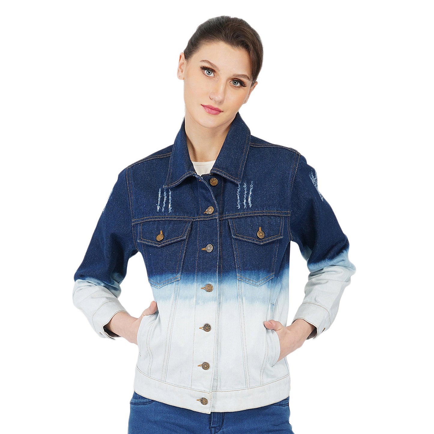 SLAY. Women's Embroidered Ombre Effect Ripped Denim Jacket-clothing-to-slay.myshopify.com-Jacket