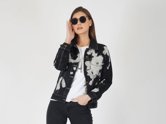 SLAY. Women's Black & White Tie Dye Denim Jacket