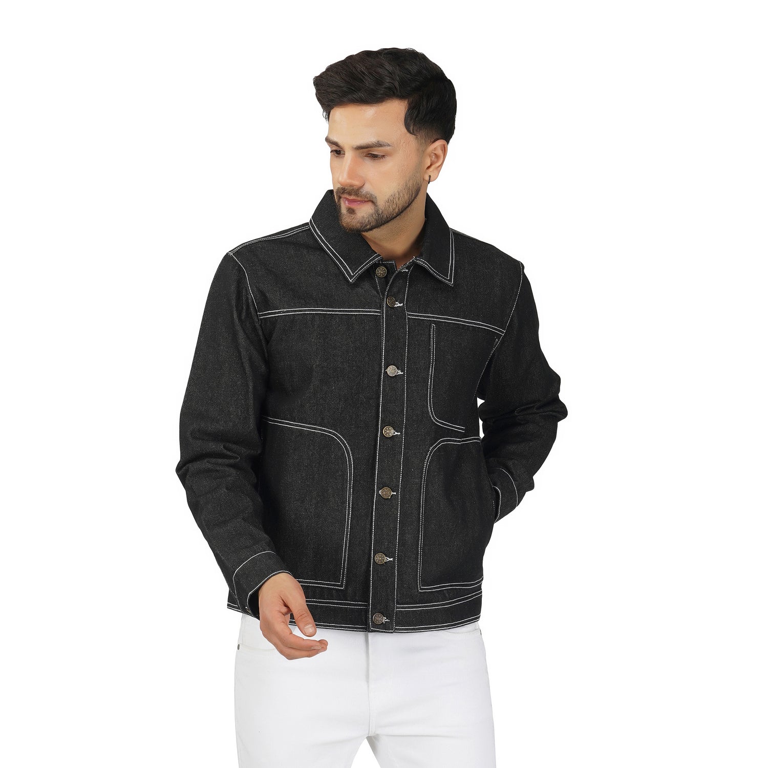 Contrast stitch black sales denim jacket