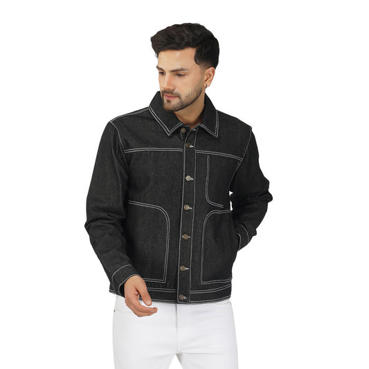 SLAY. Men's Black Contrast Stitch Denim Cotton Biker Jacket For Men