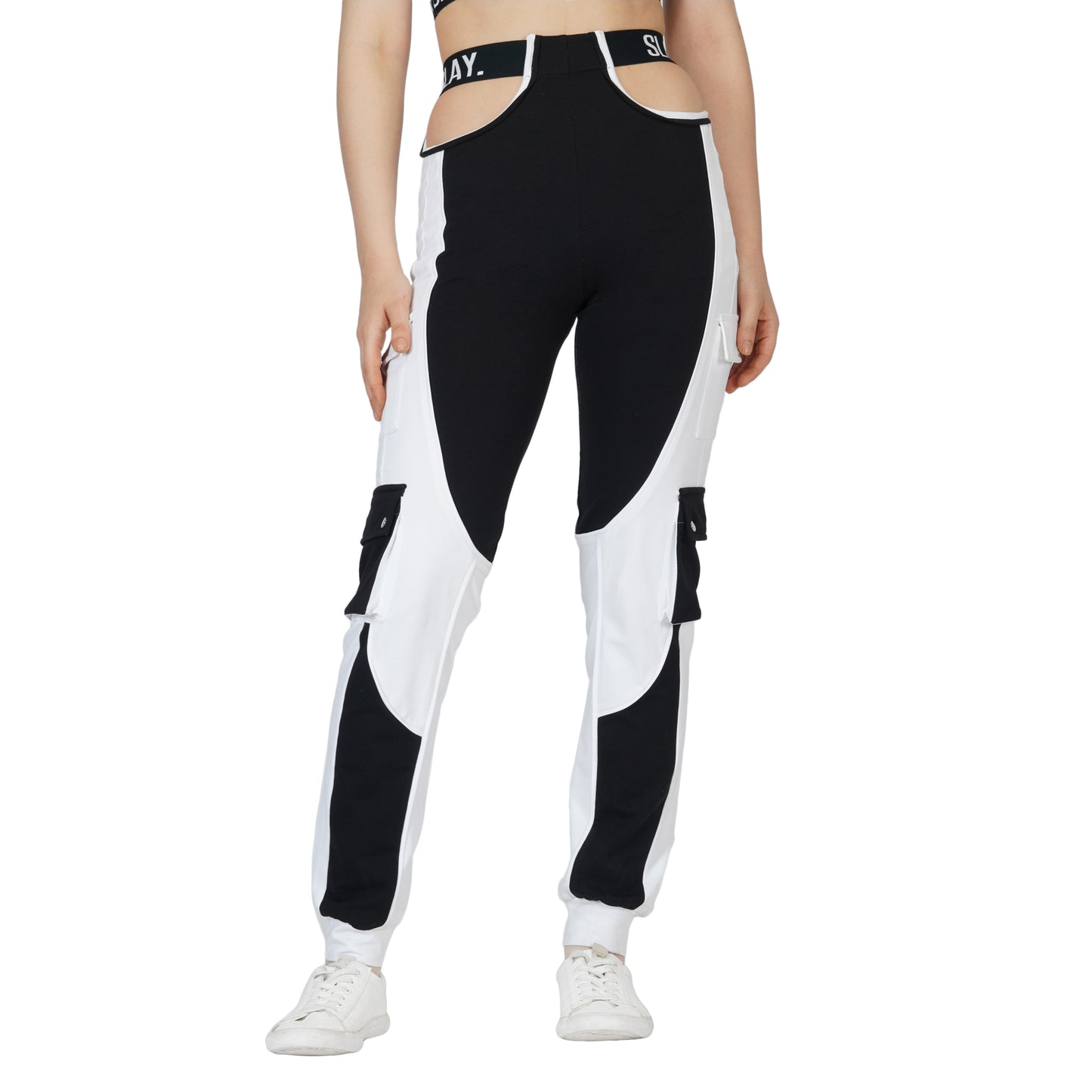 SLAY. Women's Tracksuit - Black & White Colorblock Crop Jacket & High Waist Cargo Pants Co-ord Set - Activewear Streetwear