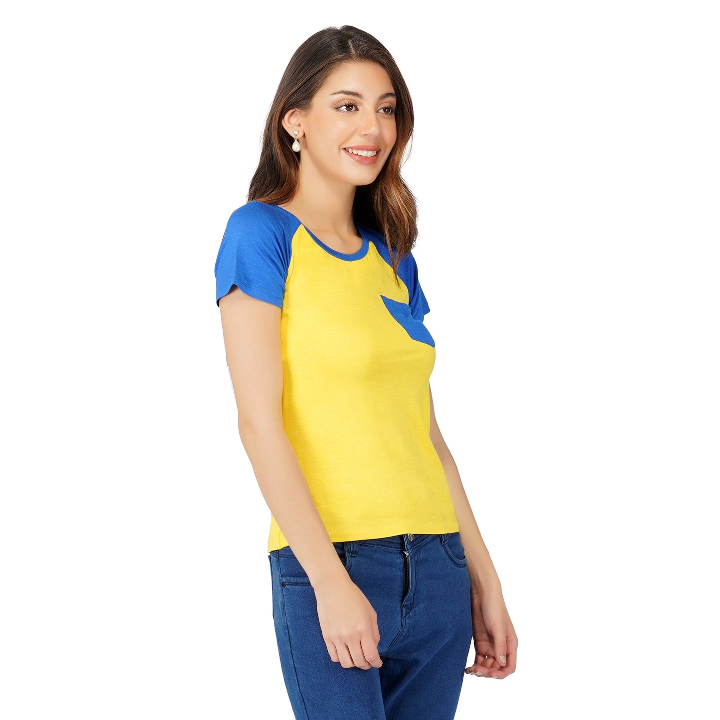 SLAY. Women's Yellow Blue Colorblock Half Sleeves T shirt